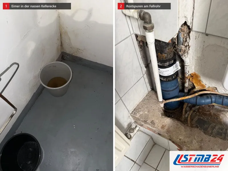Zwei Ansichten: Eimer mit braunem Wasser in einer Kellerecke mit dunkel vollgesogenen Wänden, daneben geöffnete Ecke mit Fallrohr und Rostspuren