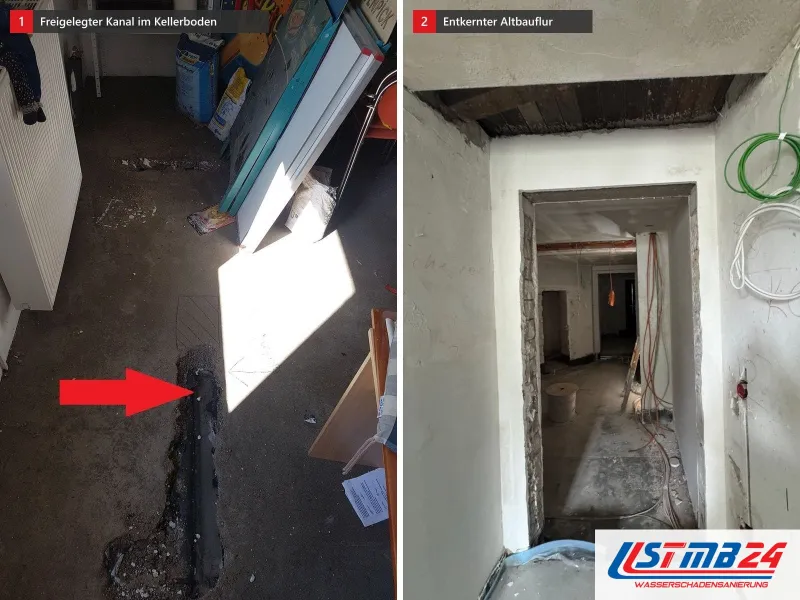 Zwei Ansichten: Kellerraum mit freigelegtem Kanal im Betonboden, Pfeil auf die Leitung, daneben entkernter Altbauflur mit Leitungen an der Wand