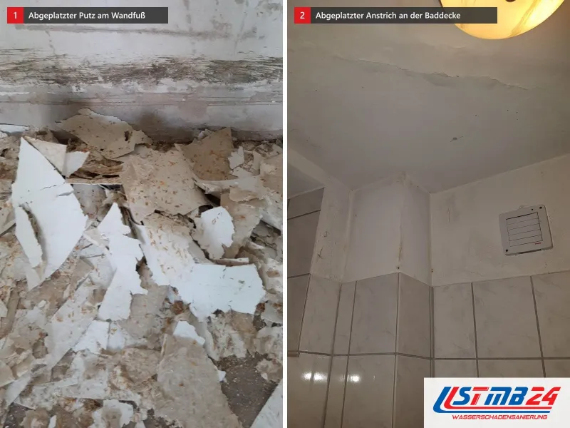 Zwei Ansichten: abgeplatzter Putz am Boden vor einer Wand mit Sockelleiste, daneben Baddecke mit abgeplatztem Anstrich über Fliesen und Lüfter