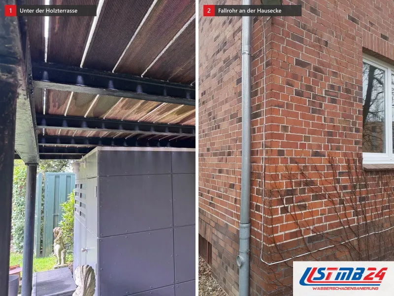Zwei Ansichten: Untersicht einer Holzterrasse vor der Hauswand, daneben Klinkerfassade mit Fallrohr an der Hausecke