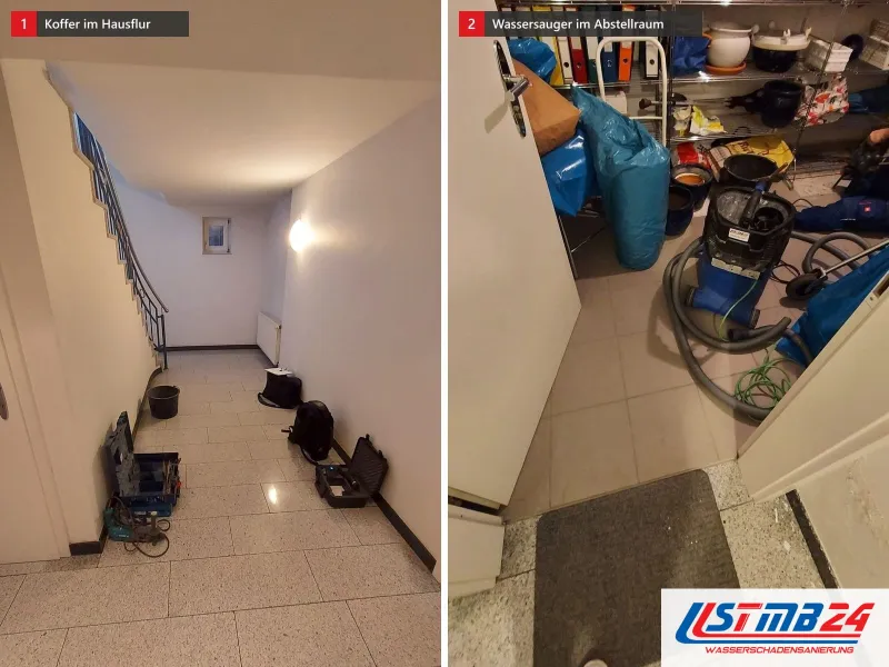 Zwei Ansichten: Werkzeugkoffer, Messkoffer und Eimer im Hausflur unter der Treppe, daneben Abstellraum mit Wassersauger und grauen Saugschläuchen