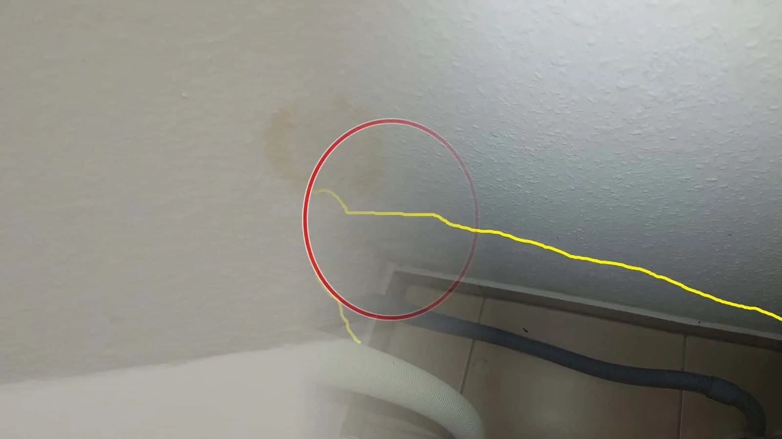Gelb umrandete feuchte Fläche auf Raufaser an Decke und Wand, darunter zwei Trocknungsschläuche