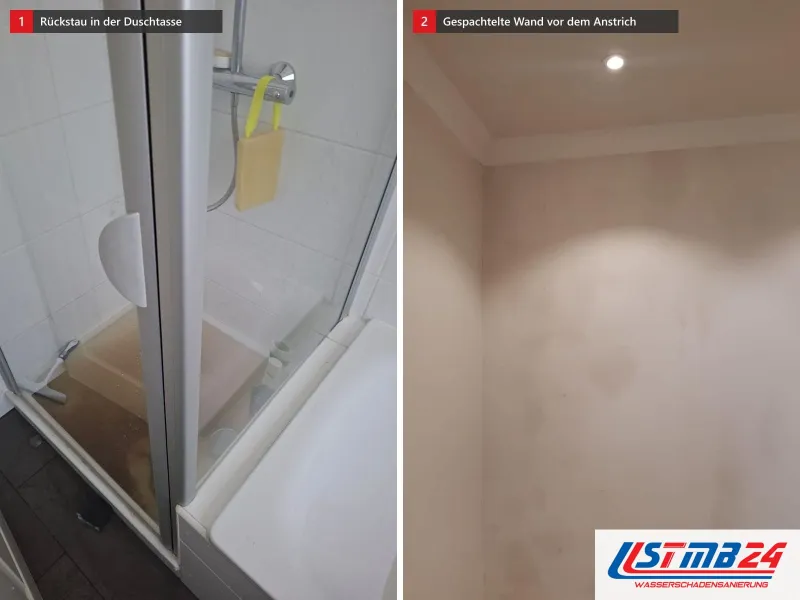 Zwei Ansichten: Duschkabine mit braunem Wasser in der Duschtasse neben einer Badewanne, daneben Wand mit Spachtelflecken vor dem Anstrich