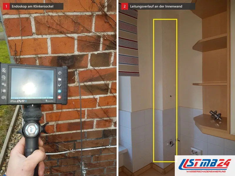 Zwei Ansichten: Endoskop vor einer Klinkerwand, das Kabel führt am Sockel in die Wand, daneben Innenwand mit gelb eingerahmtem Leitungsverlauf