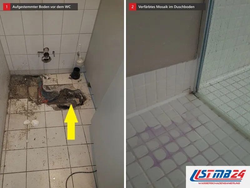 Zwei Ansichten: kleines Bad mit abgebautem WC und aufgestemmtem Boden, daneben Duschboden aus Mosaik mit violetter Verfärbung