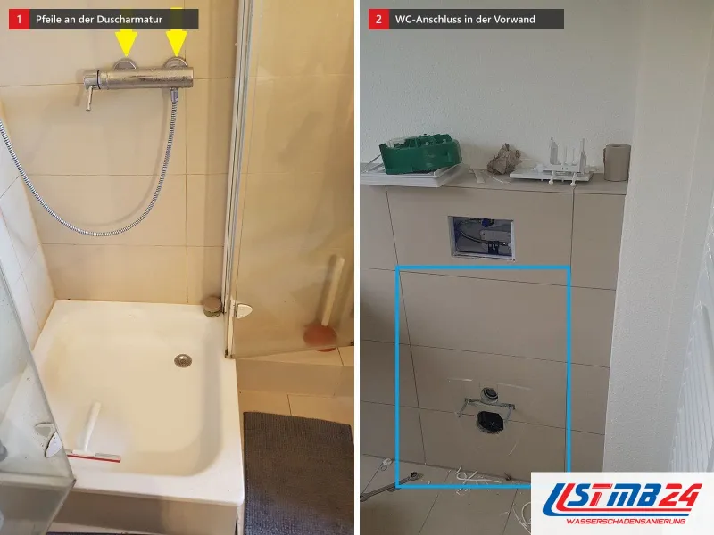 Zwei Ansichten: Dusche mit Thermostat und gelben Pfeilen auf die Anschlüsse, daneben Vorwand mit blau eingerahmtem WC-Anschluss