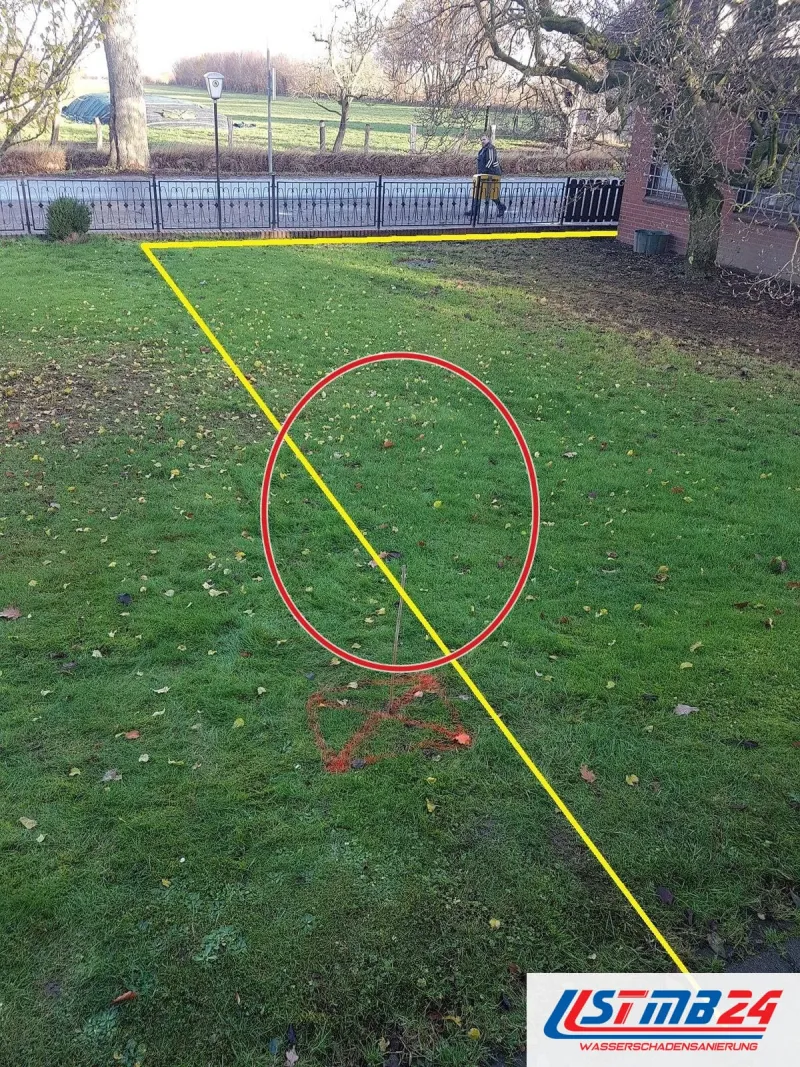 Rasen vor einem Klinkerhaus, eine gelbe Linie zeichnet den Verlauf der Erdleitung nach, ein roter Kreis markiert die Stelle
