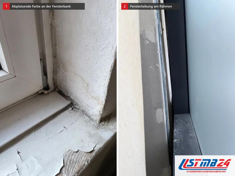 Zwei Ansichten: Fensterbank innen mit abplatzender Farbe und gelblichen Wasserrändern an der Laibung, daneben die Laibung am Rahmen aus anderer Sicht