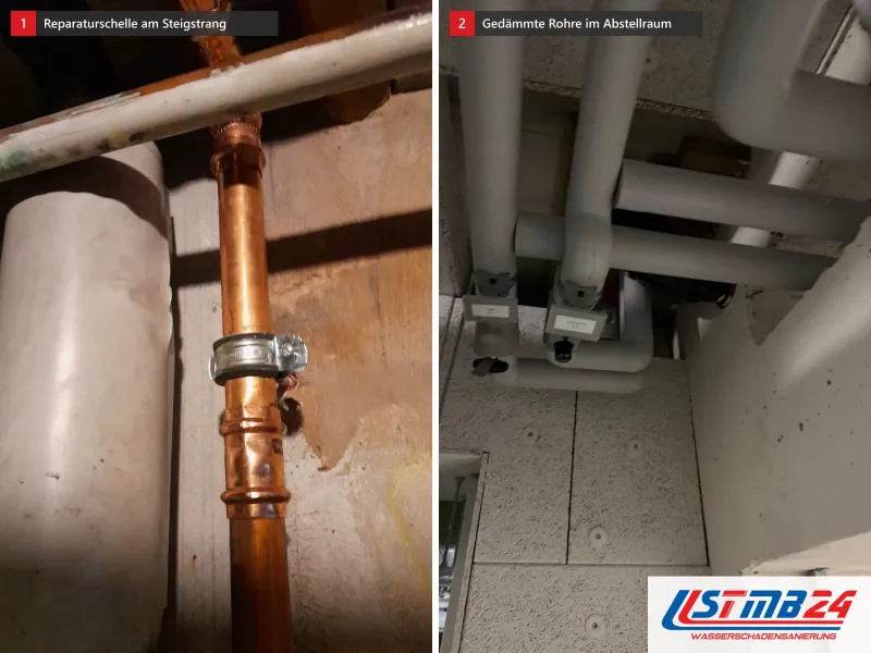 Zwei Ansichten: Kupfersteigleitung mit Reparaturschelle und Wasserspur am Putz, daneben gedämmte Rohre unter der Decke eines Abstellraums