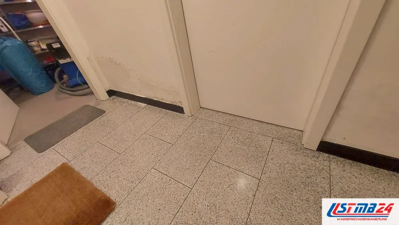 Hausflur mit gesprenkeltem Steinboden und Fußmatte, an den Wänden zeigen sich dunkle Flecken über der Sockelleiste