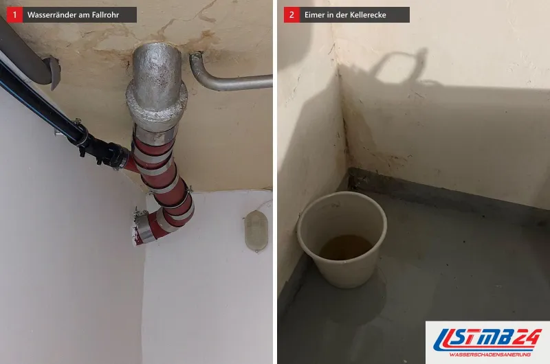 Zwei Bilder: links ein umwickeltes Fallrohr unter einer Decke mit Wasserrändern, rechts braunes Wasser in einem Eimer in einer fleckigen Kellerecke