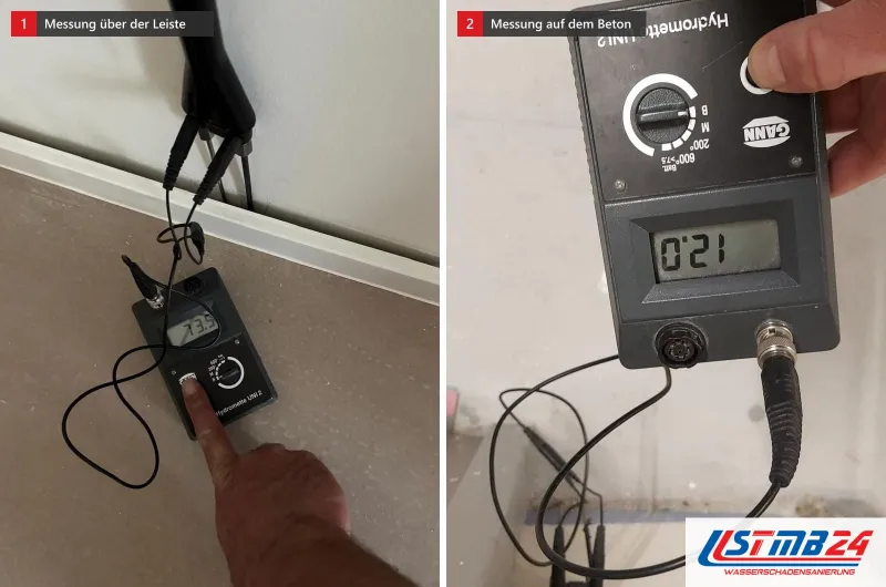 Zwei Bilder: links ein Messgerät mit Elektroden an der Wand über der Sockelleiste, rechts ein Messgerät mit 12,0 auf einem Betonboden