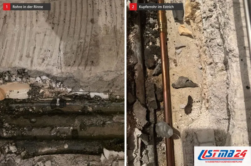 Zwei Bilder derselben Rinne im Estrich: links mehrere Rohre in der aufgestemmten Rinne, rechts ein Kupferrohr zwischen Estrichbrocken