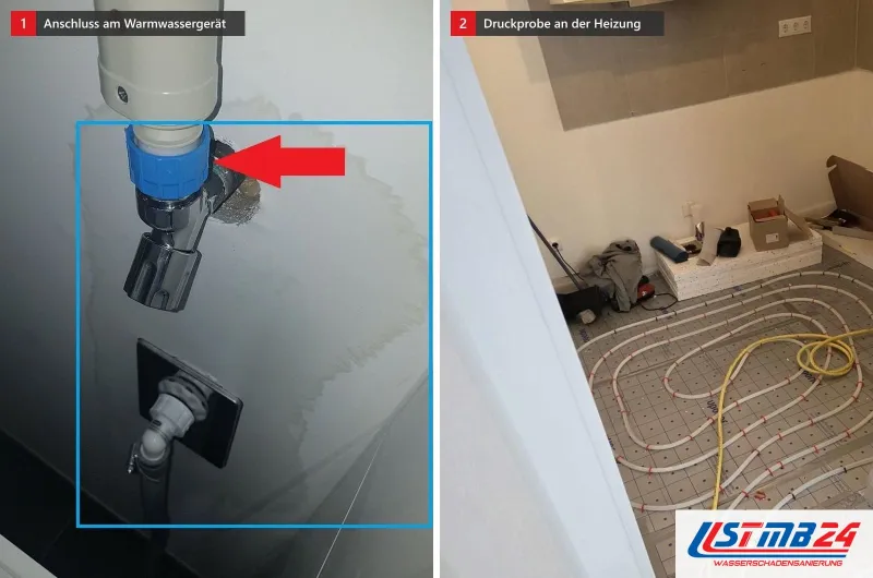 Zwei Bilder: links ein blau gerahmter Anschluss unter einem Warmwassergerät mit rotem Pfeil, rechts eine neue Fußbodenheizung mit Prüfschlauch