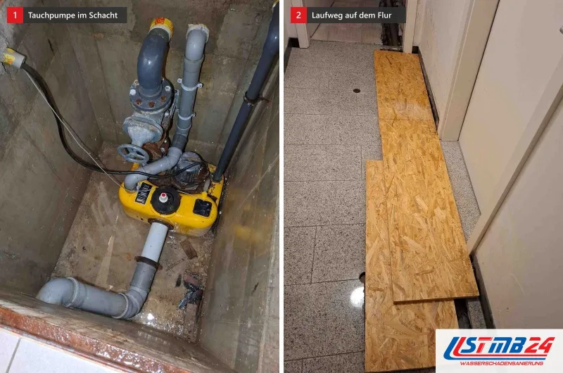 Zwei Bilder: links eine gelbe Tauchpumpe im Schacht mit Druckleitung und Absperrschieber, rechts OSB-Platten als Laufweg auf einem Granitflur