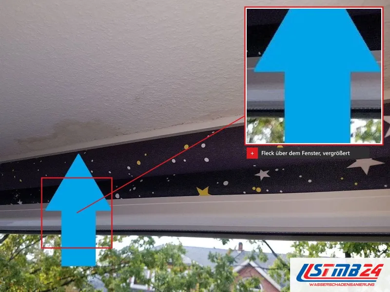 Zimmerdecke über einem Fenster mit Sternenrollo, ein blauer Pfeil zeigt auf den Wasserfleck, vergrößert eingeblendet