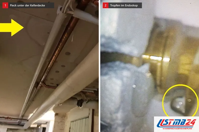 Zwei Bilder: links Leitungen unter einer Kellerdecke, ein gelber Pfeil auf einen Fleck, rechts ein Tropfen an einer Messingmutter im Endoskop