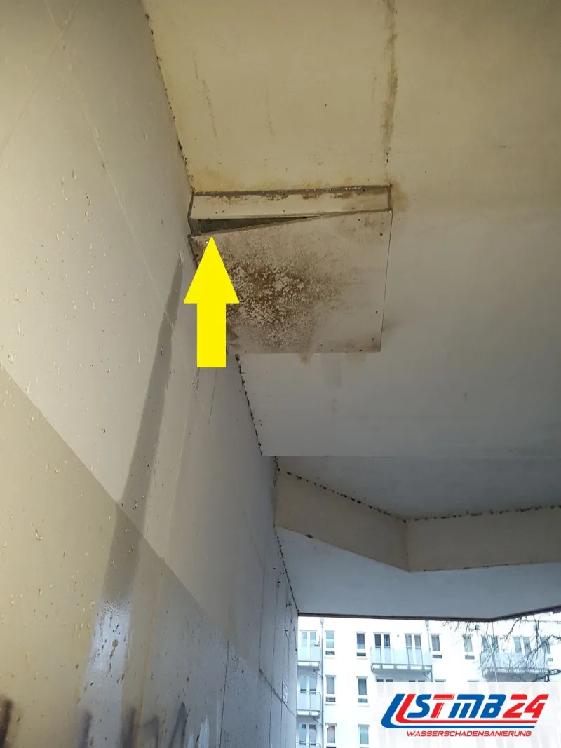Revisionsklappe in der Decke eines Hausdurchgangs mit braunen Wasserflecken und Schimmelpunkten, ein gelber Pfeil zeigt auf die Fuge