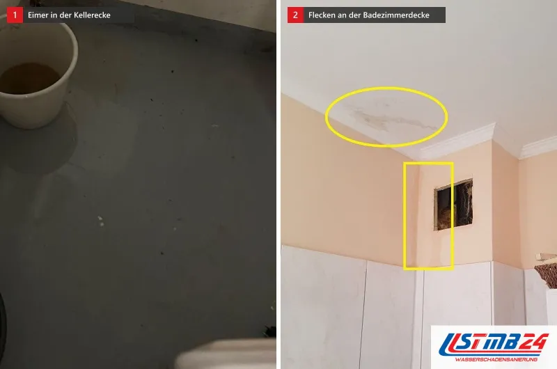 Weißer Eimer mit braunem Wasser in einer fleckigen Kellerecke, daneben eine Badezimmerdecke mit gelb umkreisten Wasserflecken