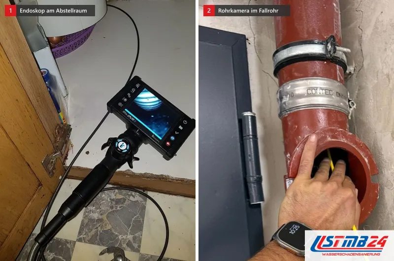 Endoskop mit Monitor vor einem Abstellraum, daneben führt eine Hand das gelbe Kabel einer Rohrkamera in ein rotes Fallrohr