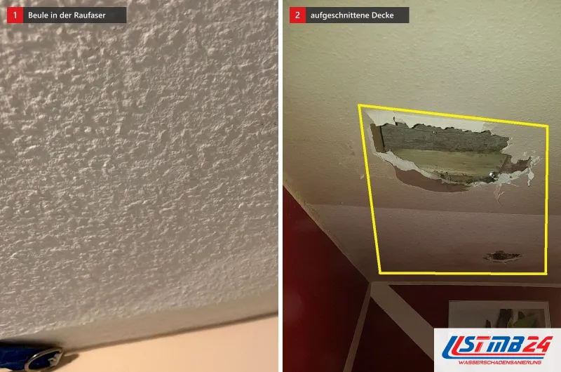 Raufaserdecke mit flacher Beule an der Wand und eine aufgeschnittene Decke mit gelbem Rahmen über einer roten Wand