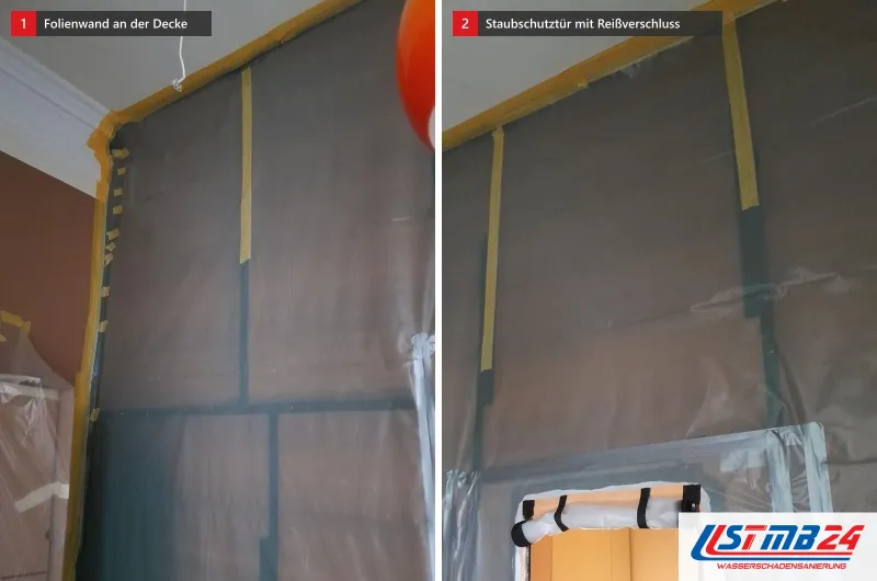 Folienwand mit gelbem Klebeband an der Decke und eine Staubschutzwand mit Reißverschlusstür vor dem Arbeitsbereich