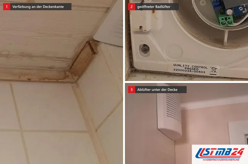 Verfärbte Deckenkante im Bad, ein geöffneter Badlüfter mit Platine und ein Ablüfter unter der Decke in drei Ansichten