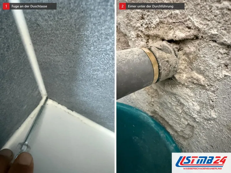Zwei Ansichten: Fuge zwischen Duschtasse und Wand aus der Nähe, daneben graues Rohr an einer Wanddurchführung mit ausgebrochenem Putz und grünem Eimer