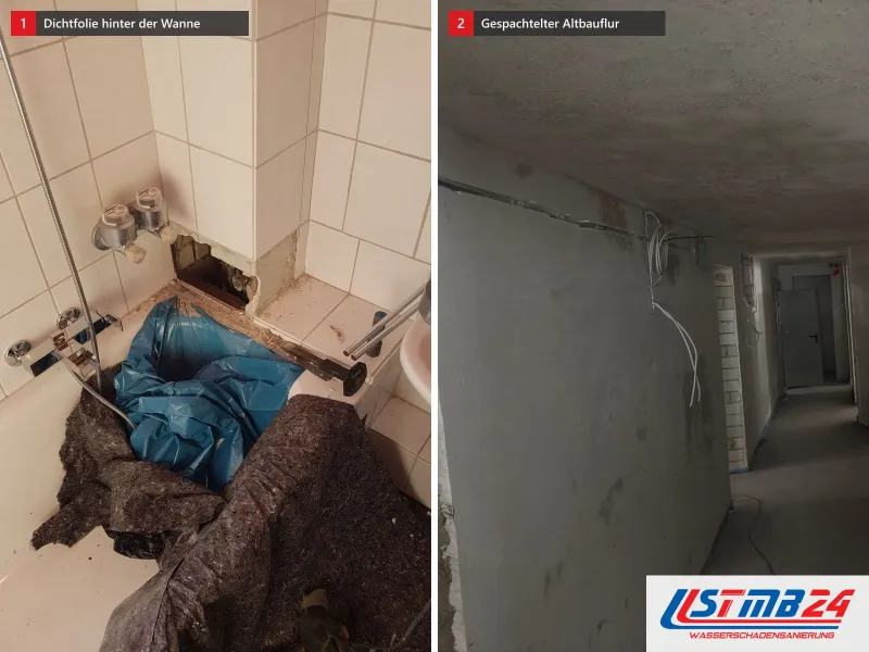 Zwei Ansichten: Ecke hinter einer Badewanne mit abgenommenen Fliesen und blauer Dichtfolie, daneben langer Altbauflur mit gespachtelten Wänden