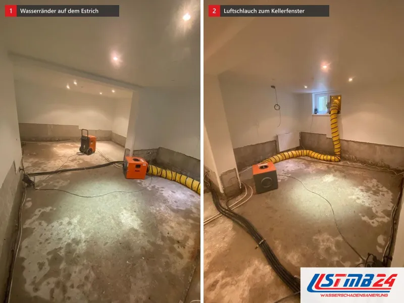 Zwei Ansichten: Souterrainraum mit hellem Estrich, dunklen Wasserrändern und zwei Geräten, daneben gelber Luftschlauch vom Gebläse zum Kellerfenster