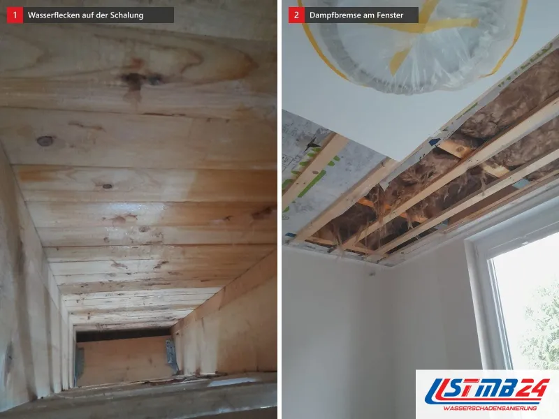Zwei Ansichten: Holzschalung mit Wasserflecken, daneben am Fenster geöffnete Decke mit Lattung und Dampfbremse