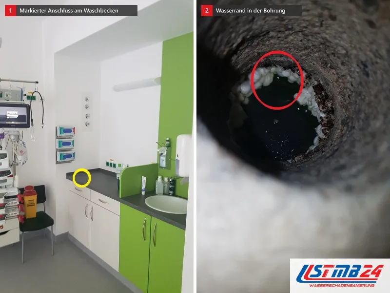 Zwei Ansichten: Behandlungsraum mit Waschbecken und gelb umkreistem Anschluss, daneben der Blick in eine Bohrung mit rot umkreistem Wasserrand