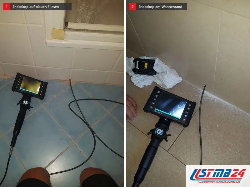 Zwei Ansichten: Endoskop auf blauen Fliesen, daneben Endoskop mit Werkzeug am Rand einer Badewanne