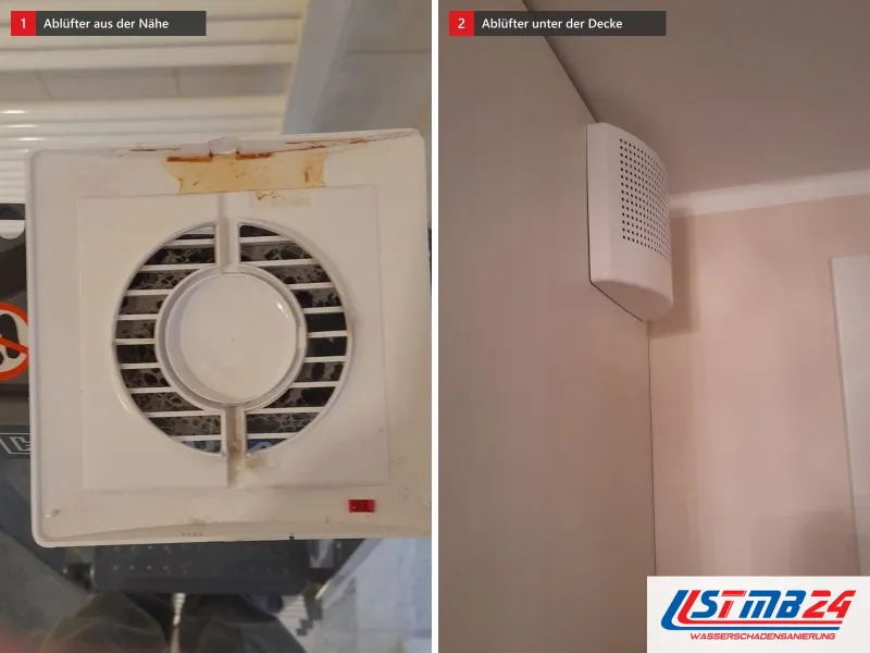 Zwei Ansichten: Ablüfter in einer Badwand aus der Nähe, daneben dieselbe Badwand mit dem Ablüfter unter der Decke