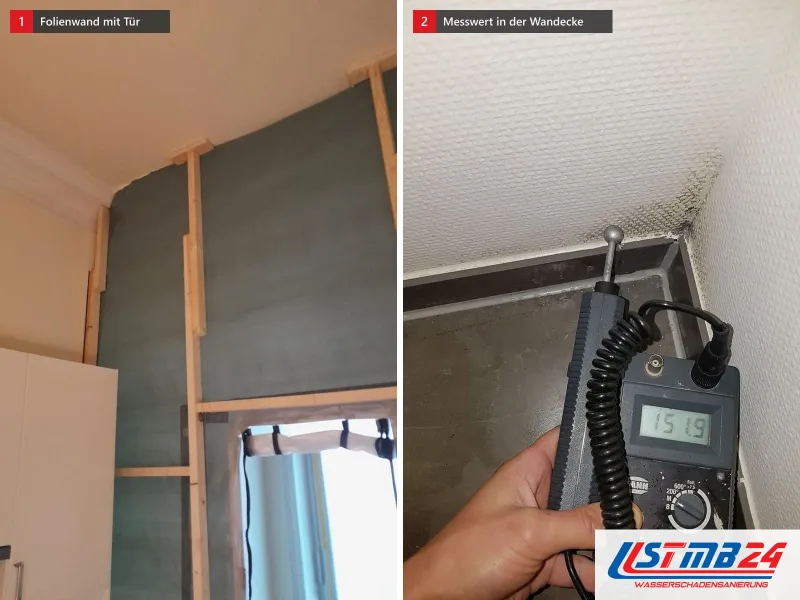 Zwei Ansichten: Folienwand auf Holzlatten bis zur Decke mit hochgerollter Tür, daneben Messgerät mit Anzeige 151,5 in einer Wandecke