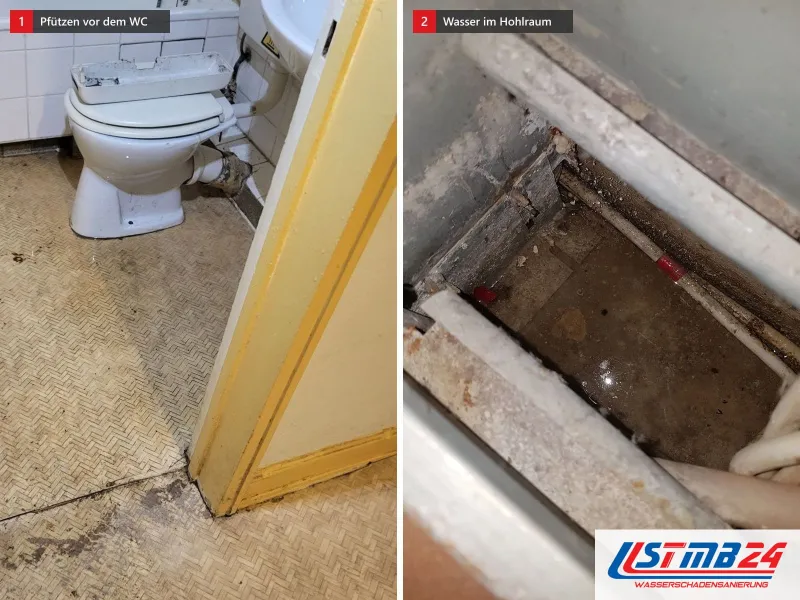 Zwei Ansichten: Pfützen vor dem WC auf Kunststoffboden mit aufgeschnittener Schwelle, daneben geöffneter Boden mit Wasser zwischen Rohren