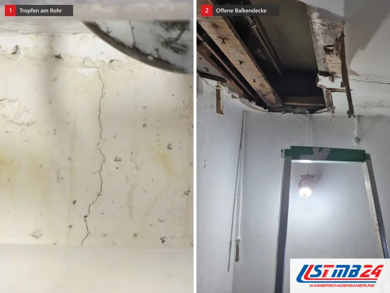 Zwei Ansichten: Rohre unter einer Kellerdecke, daneben Geöffnete Kellerdecke mit Holzbalken und Wasserrändern