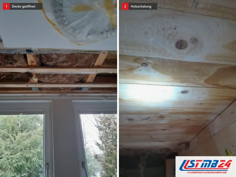 Zwei Ansichten: geöffnete Decke über zwei Fenstern, daneben helle Holzschalung mit Ast im Licht