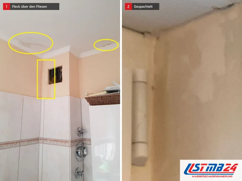 Zwei Ansichten: Bad mit Fliesenbordüre, Wasserflecken an der Decke gelb, daneben Wandecke mit frisch gespachtelten