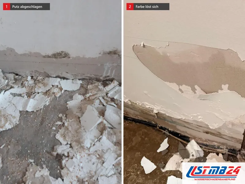 Zwei Ansichten: Wandfuß mit abgeschlagenem Putz, Schutt am Boden, daneben Wand mit großflächig abgeplatzter Farbe über dem Sockel