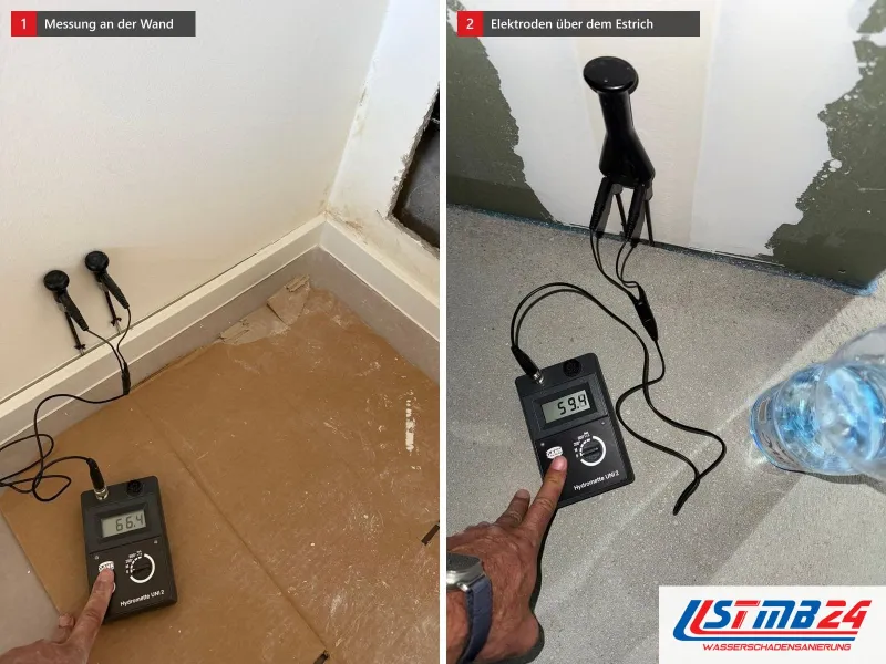Zwei Ansichten: Messgerät mit Elektroden an der Wand, Boden aus Spanplatten, daneben Messgerät, Elektroden an der Wand über dem Estrich