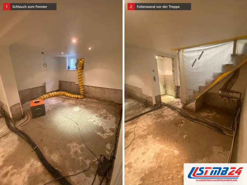 Zwei Ansichten: gelber Luftschlauch vom orangefarbenen Gebläse zum, daneben Entkernter Keller mit Staubschutzwand aus Folie vor der