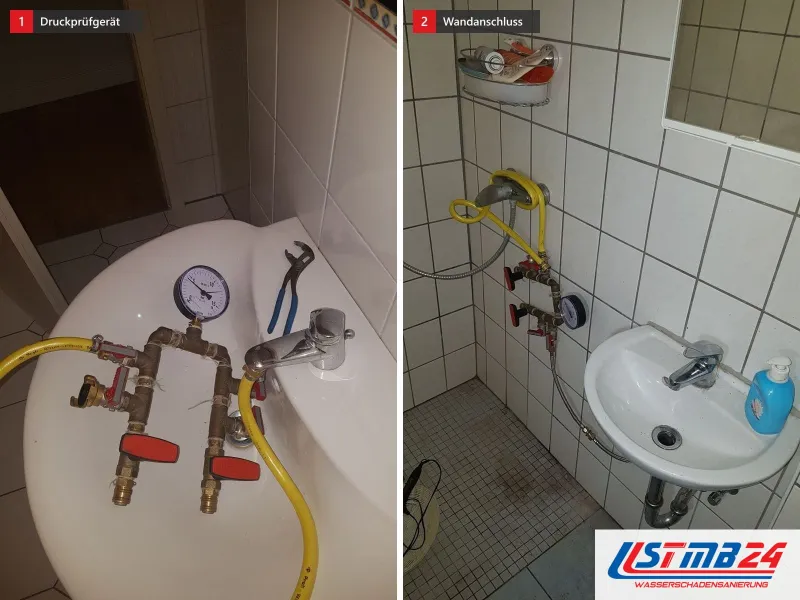 Zwei Ansichten: Druckprüfgerät mit Manometer auf einer weißen Fläche, daneben kleines Bad, Prüfgerät am Wandanschluss