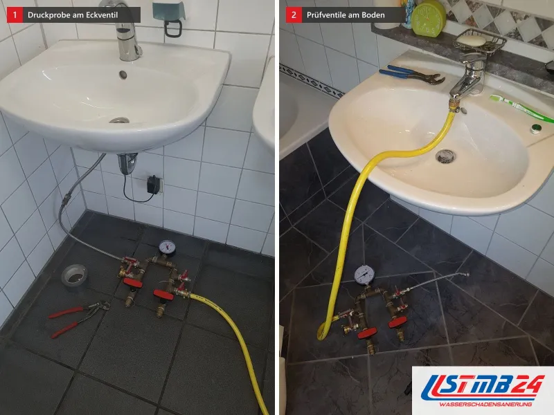 Zwei Ansichten: Waschbecken, Druckprüfung am Eckventil, daneben Waschbecken, gelber Schlauch zu den Prüfventilen auf dunklen