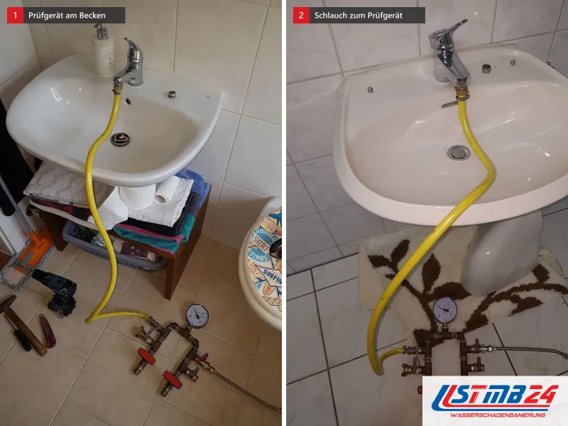 Zwei Ansichten: Waschbecken mit Schlauch, Prüfgerät und Werkzeug am Boden, daneben Waschbecken, Schlauch zum Prüfgerät auf dem Fliesenboden
