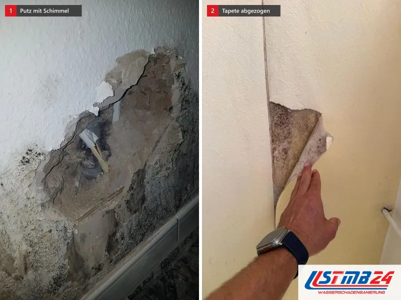 Zwei Ansichten: Wand mit abgeplatztem Putz und Schimmel, daneben Hand zieht eine Tapete von der Wand