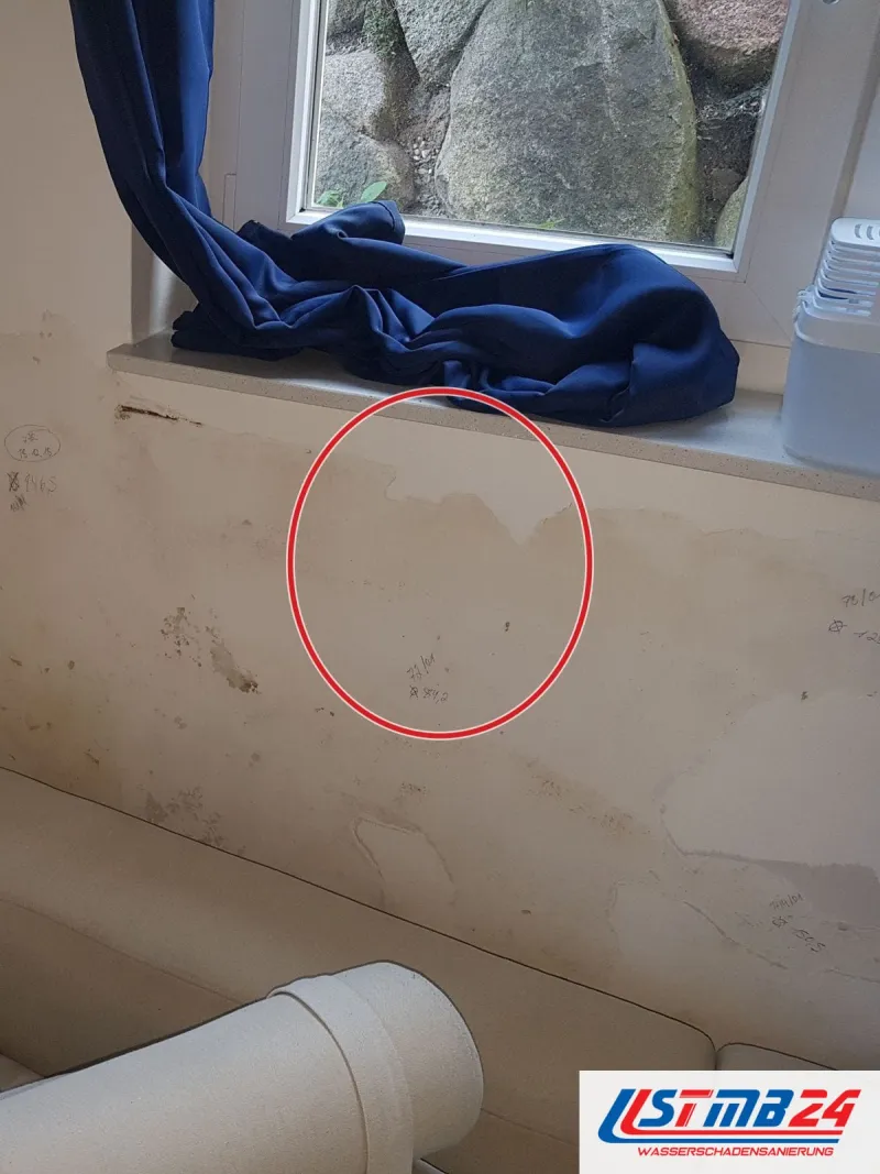 Kellerfenster mit Lichtschacht, darunter eine Wand mit Wasserrändern und abblätternder Farbe, ein roter Kreis markiert die Stelle