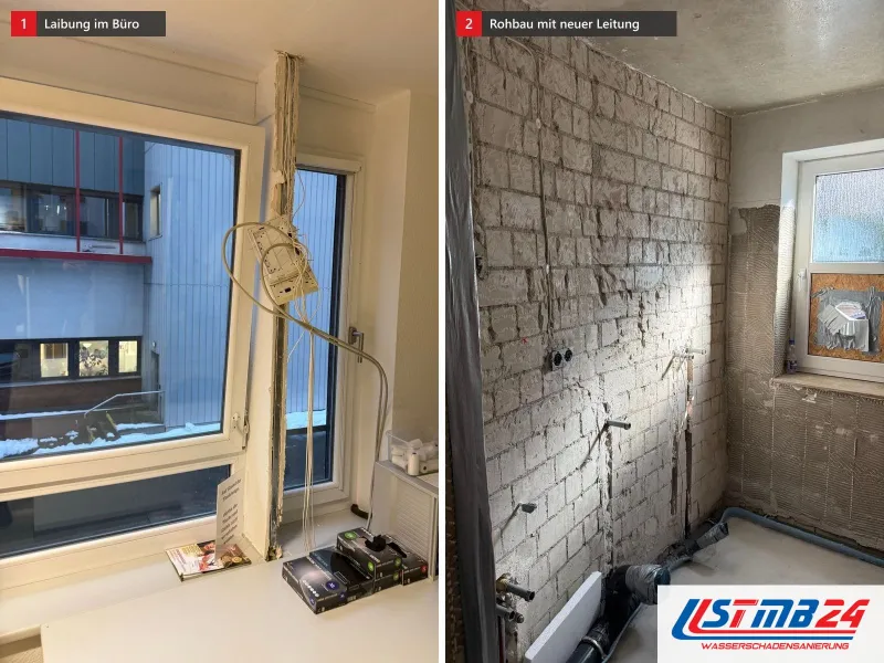 Zwei Ansichten: Aufgestemmte Fensterlaibung in einem Büro, daneben Raum im Rohbau mit Fenster, Wände ohne Putz
