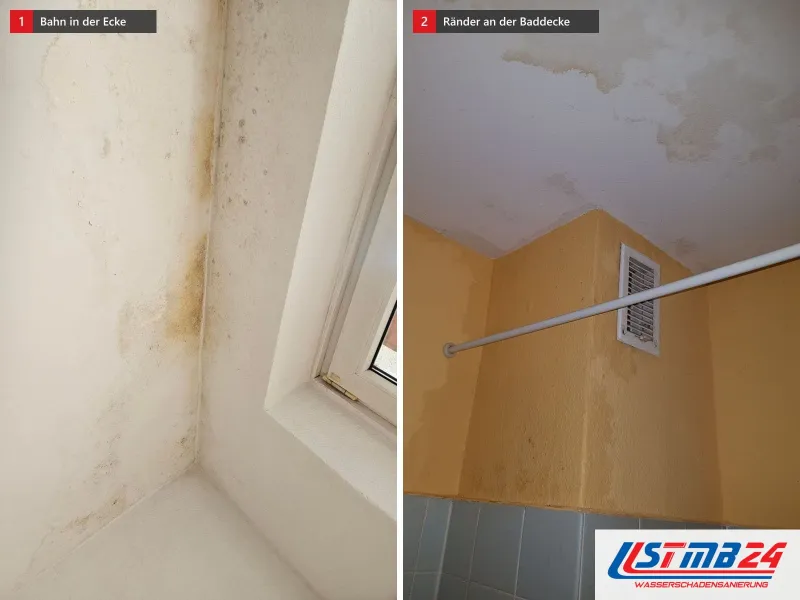 Zwei Ansichten: Zimmerecke neben einem Fenster, graue, daneben Bad mit gelb gestrichenen Wänden über grauen Fliesen