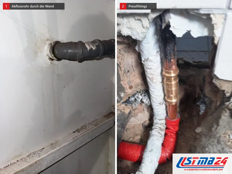 Zwei Ansichten: graues Abflussrohr durch die Wand, Schmutz an der Fußleiste, daneben rote Pressfittings und Kupferrohr in der aufgestemmten Wand